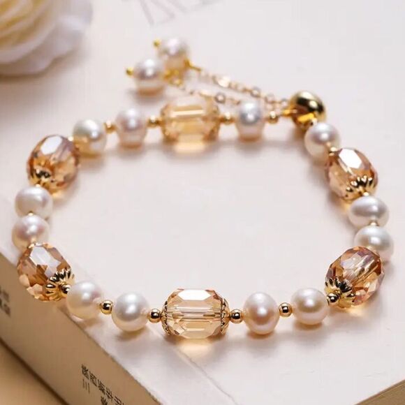 NATURAL FRESHWATER PEARLS AND AUSTRIAN CRYSTAL STONES WOMEN BRACELET - Picture 5 of 8